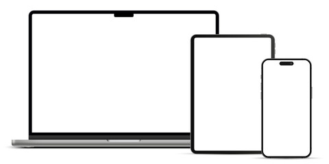 Poster - Modern laptop computer, tablet pc and mobile phone mockup front view, notebook mockup and phone device mockup ui ux, digital devices screen template isolated on transparent