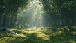 © Junior - A peaceful forest glade with sunlight streaming through the canopy, casting dappled light on the mossy ground. Soft greens and browns create a natural and calming atmosphere. Perfect for tranquil