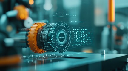 Poster - Futuristic Industrial Machine Close-Up with Digital Interface and Blueprints, Showcasing Advanced Technology and Precision Engineering in a High-Tech Environment