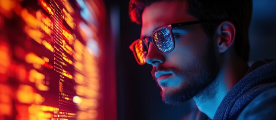 A young man with a beard, wearing glasses, looks intently at a computer screen filled with code in a dimly lit room.