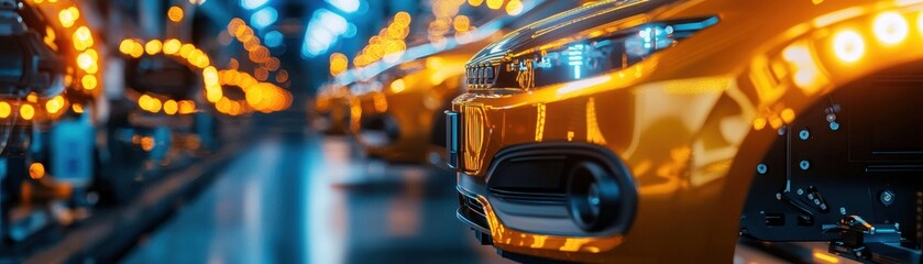 Wall Mural - A vibrant display of orange cars lined up in an illuminated automotive assembly line, showcasing modern design and manufacturing.