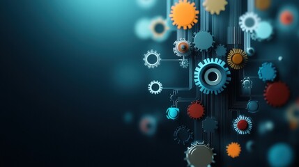 Fototapete - Abstract representation of colorful gears and cogs interconnected through circuitry on a dark background, symbolizing engineering, technology, and innovation in motion and design