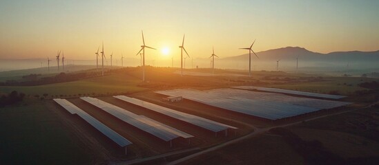 Wall Mural - Aerial view of a field with wind turbines and solar panels at sunset.