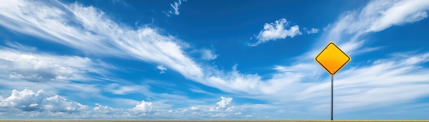 Vibrant blue sky meets open highway, yellow road sign guides the journey highway