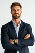 © Mentwint - Portrait of a man in a well-fitted suit, standing with arms folded, confident and professional expression, plain white background, soft even lighting, no cinematic effects, vertical frame