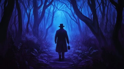 Poster - Mysterious figure walking through an ethereal forest at dusk