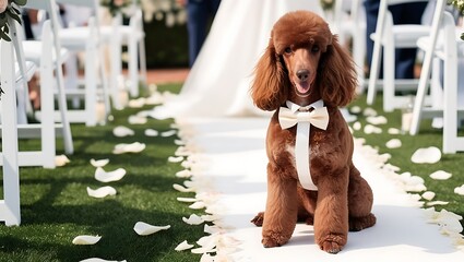 brown poodle wearing a bow tie at a wedding ceremony, brown poodle, bow tie, wedding, elegant, forma