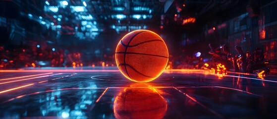 Aufkleber - A Futuristic Basketball Gleaming in Neon Lights with a Vibrant Court Reflected in a High-Tech Environment