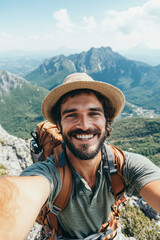 Wall Mural - Young, attractive man smiling outdoors, enjoying a hiking adventure in the mountains.