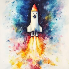 Aufkleber - Rocket Watercolor illustration