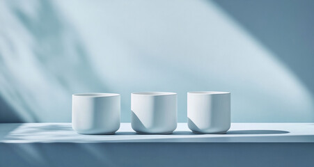 Poster - Minimalist design featuring three white ceramic cups arranged on a shelf with soft shadows and light reflections