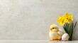 © niramol - A photostock of a cheerful spring flat lay with yellow daffodils, baby chicks, and colorful pastel eggs on a soft background. High Quality
