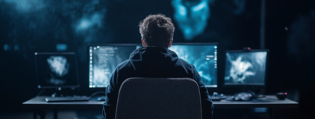 A man sits in front of a computer monitor with a dark hoodie on