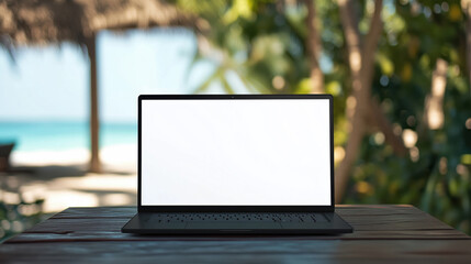 A laptop computer with a mock up blank white screen on the wooden table and a tropical resort in the background