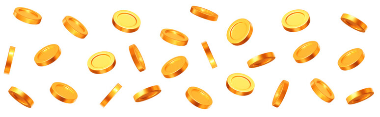 Wall Mural - 3d flying gold shiny coins on white isolated background. rich or casino luck concept. horizontal siz