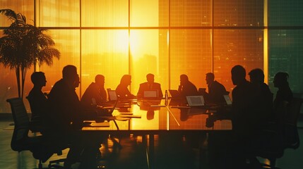 Poster - Silhouetted businesspeople in meeting at sunset.