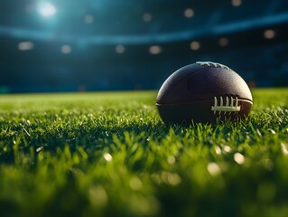 Aufkleber - Close-Up of a Rugby Ball on Green Grass Field Awaiting Action in a Stadium with Blurred Spectator Background During a Bright Day of Competitive Sport