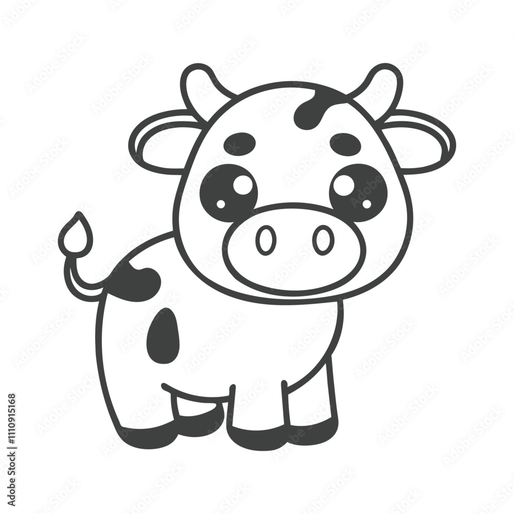 Cute Cartoon Cow Coloring Page for Kids Kawaii Style Vector Art. Stock ...