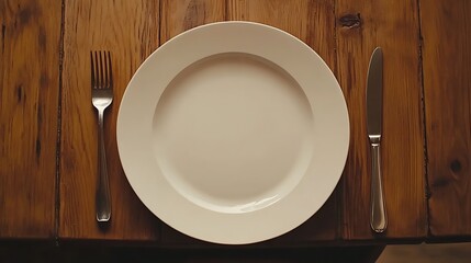 Empty White Plate with Fork and Knife on Wooden Table