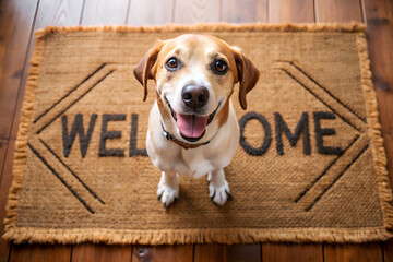 A dog is standing on a welcome mat with the word 