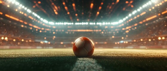 Poster - A Captivating View of a Soccer Ball at the Center of an Intense Stadium Under Bright Lights, Perfect for Sports Enthusiasts and Photography Lovers