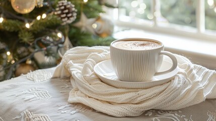 Cappuccino cup at adornment Christmas tree