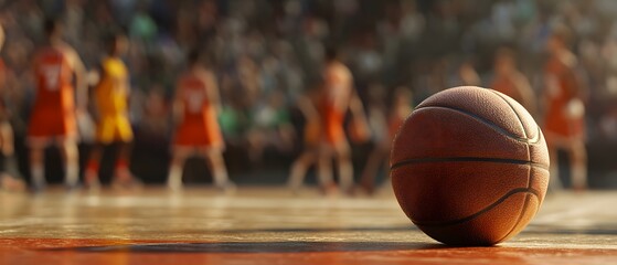 Aufkleber - Close-Up of a Basketball on a Court with Players in Motion in the Background, Capturing the Excitement of a Competitive Game Atmosphere