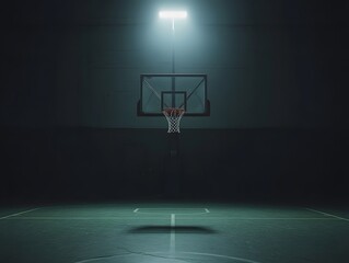 Aufkleber - Dramatic Spotlight on an Empty Basketball Hoop in a Dimly Lit Gymnasium Setting Evoking a Sense of Anticipation and Athleticism in a Quiet Moment