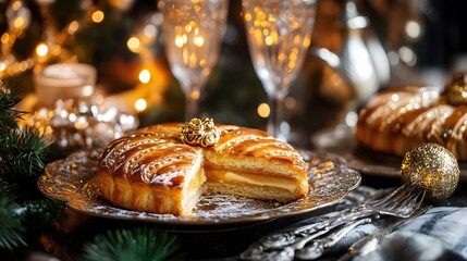 A beautifully arranged festive table featuring a delicious cake with intricate decorations. The cake is partially sliced, revealing its layers. Surrounding it are elegant glass flutes filled with spar