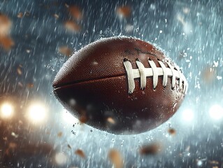 Poster - A Dynamic Close-Up of a Glowing Brown Football Floating in a Rainy Atmosphere with Shimmering Lights and Droplets Capturing the Essence of Fierce Competition