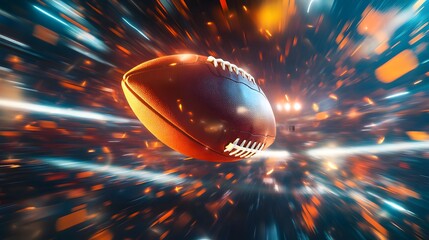 Poster - A Flying American Football in an Abstract Space with Dynamic Lighting Effects and Motion Blur, Representing Speed and Excitement within a Sport Context