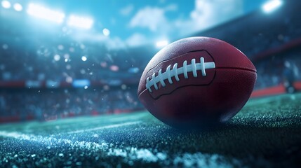 Aufkleber - High-Resolution Close-Up of a Vibrant American Football on the Field in a Stadium with Dramatic Lighting and Blurred Background During a Game