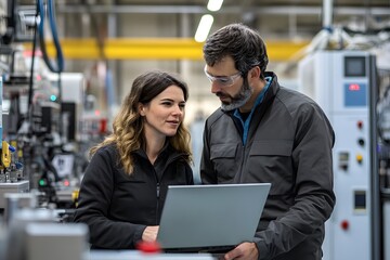 Poster - Two Professionals Collaborating in a Modern Factory Environment, Discussing Strategies and Solutions While Using a Laptop for Analysis and Planning