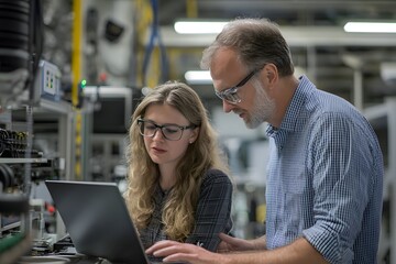 Aufkleber - Focused Team Collaborating in High-Tech Laboratory Setting with Laptop, Exploring Innovative Solutions in Engineering and Science Environments
