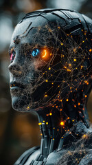 Poster - futuristic ai robot head with neural network connections, advanced artificial intelligence concept, 