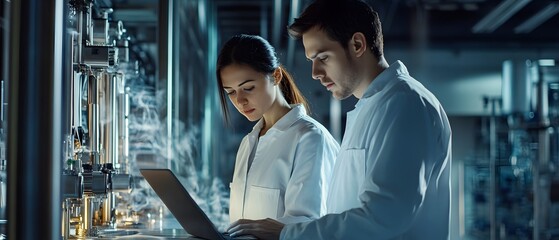 Poster - Scientists Collaborating in Laboratory Environment, Analyzing Data on Laptop While Conducting Research and Experiments in Modern Scientific Facility