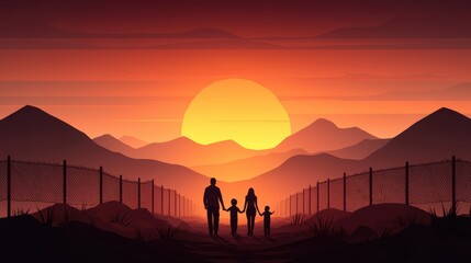 Wall Mural - Family silhouette at sunset in a serene landscape