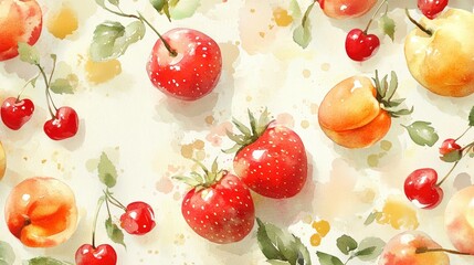 Sticker - A vibrant watercolor illustration of assorted fruits, including apples, cherries, and strawberries.