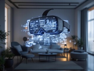 Aufkleber - A hyperrealistic image of virtual reality glasses projecting a 3D map in a dark room