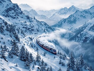 Fototapete - A cinematic shot of a train winding through a snowy mountain range, with steam creating soft trails in the air.
