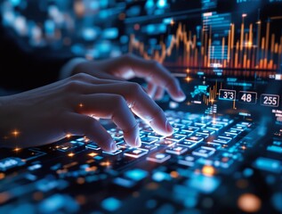 Poster - A hyperrealistic image of hands typing on a futuristic holographic keyboard, with blurred data charts in the background..