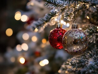 Aufkleber - A festive close-up of Christmas ornaments hanging on a frosted tree branch, with sparkling lights in the blurred background