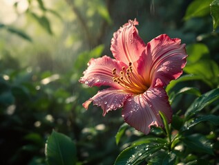 Aufkleber - A cinematic view of a rare blooming flower in a dense rainforest, with water droplets sparkling in soft light
