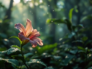 Poster - A cinematic view of a rare blooming flower in a dense rainforest, with water droplets sparkling in soft light