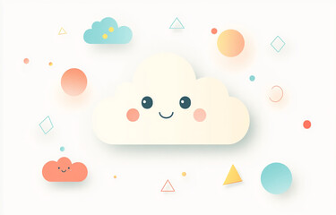 Aufkleber - Cute cartoon clouds with smiling faces and colorful geometric shapes in a playful design