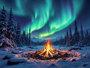 Aufkleber - A hyperrealistic image of a campfire glowing under a vivid aurora borealis in a snowy wilderness.