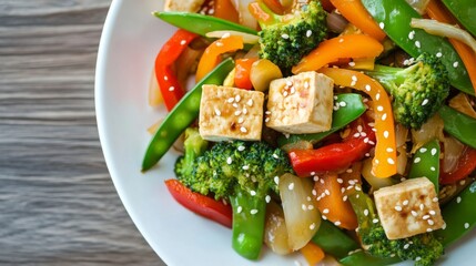 Wall Mural - Photo of, A colorful plate of vegetable stir-fry with tofu, bell peppers