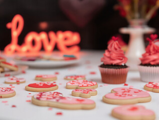 Poster - A festive Valentine’s Day dessert table with heart-shaped cookies, cupcakes topped with red icing, and a glowing ‘Love’ sign in soft focus in the background