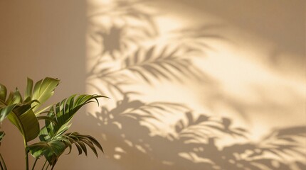 Poster - A minimalist background with soft shadows of tropical leaves cast on a neutral textured wall, illuminated by warm, diffused light.