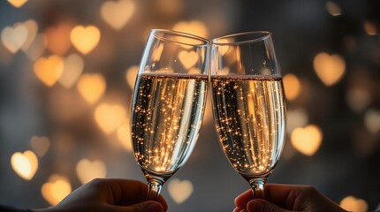 Poster - A cinematic close-up of two champagne glasses clinking together, with blurred heart-shaped fairy lights in the background, creating a romantic and festive atmosphere